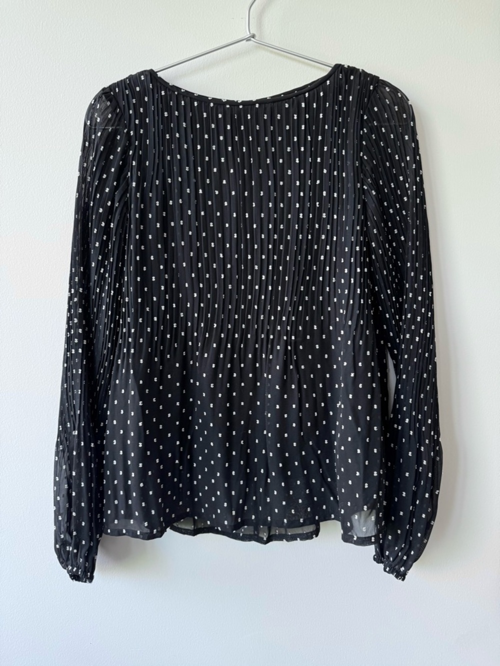 Maje Black and White Micro Dot Pleated Long-Sleeve Blouse - Size 1